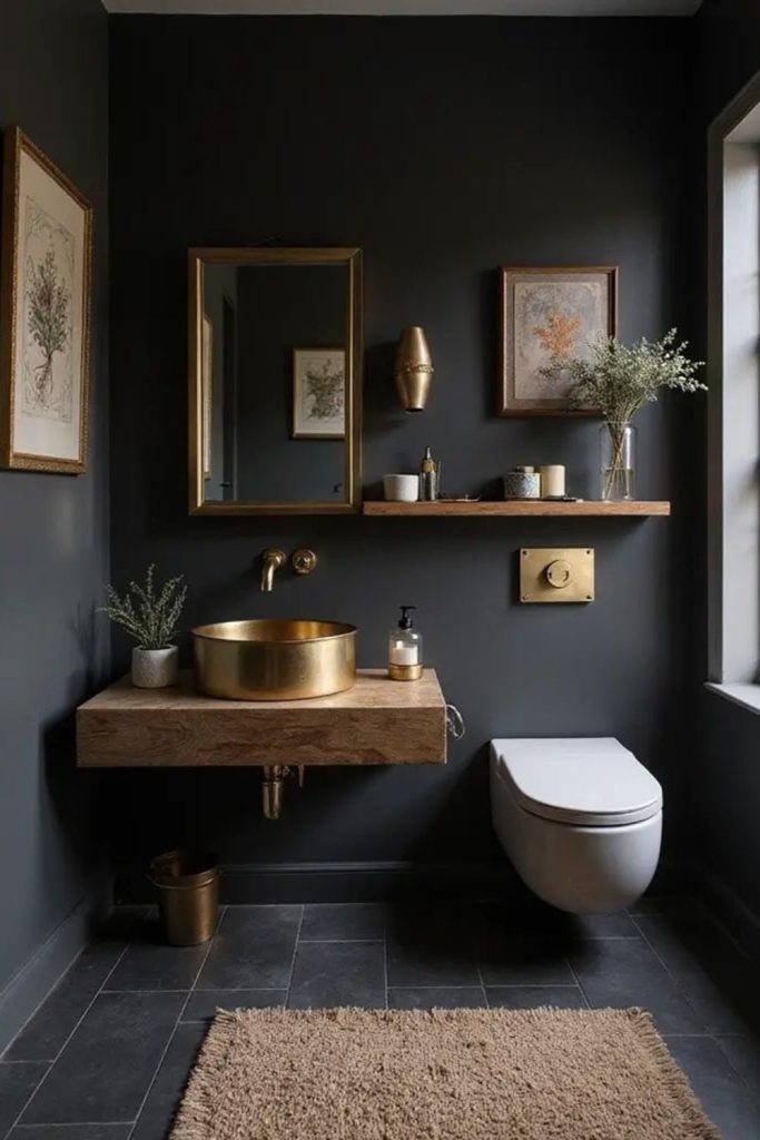 Moody charcoal compact bathroom decor.