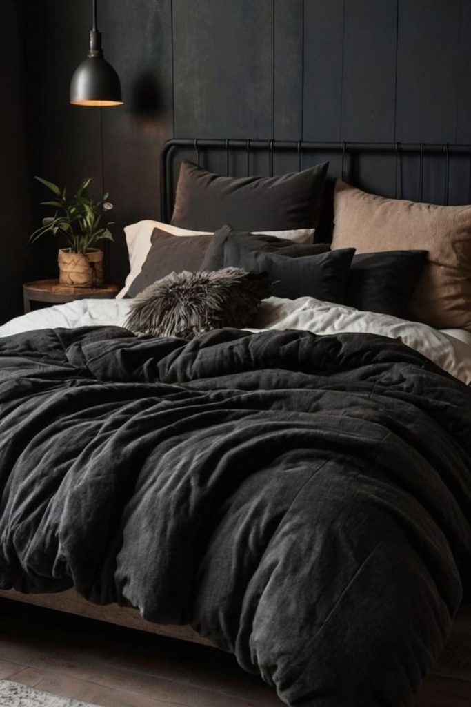 Charcoal bedding with velvet accent pillows.