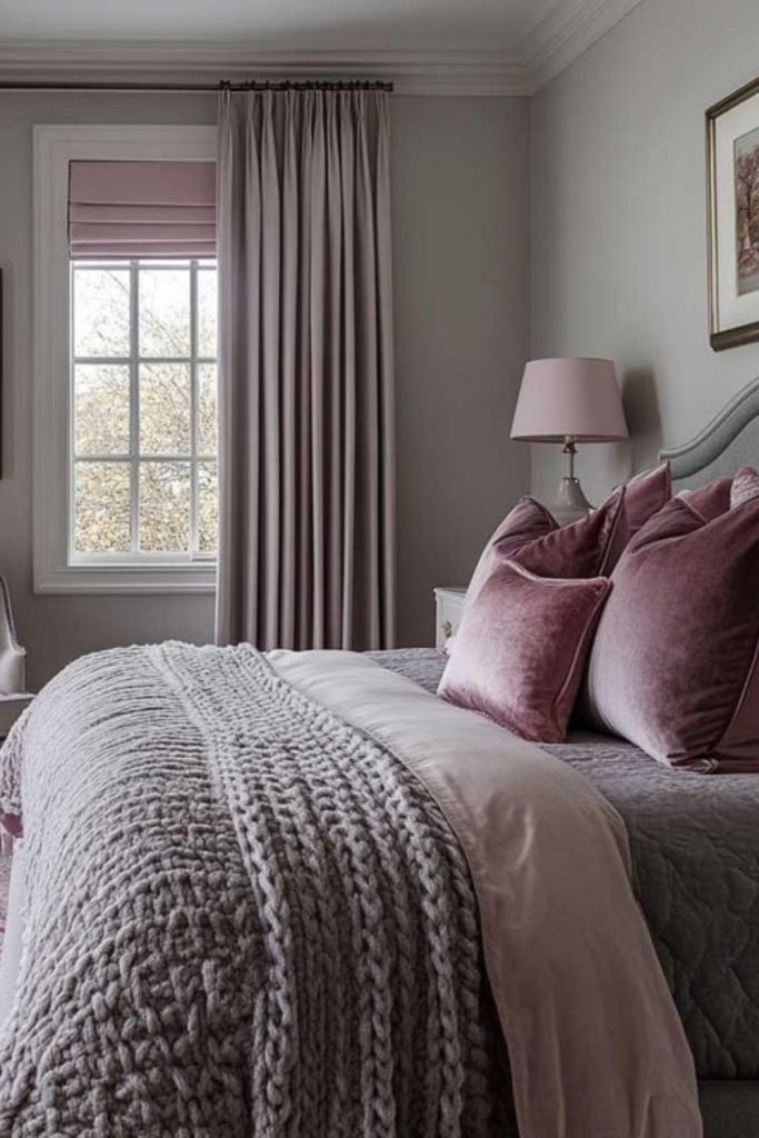 Moody mauve and grey bedroom.