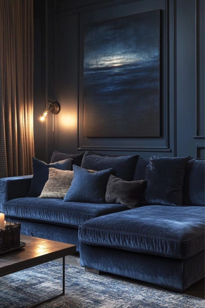 Charcoal walls with glowing brass lighting.