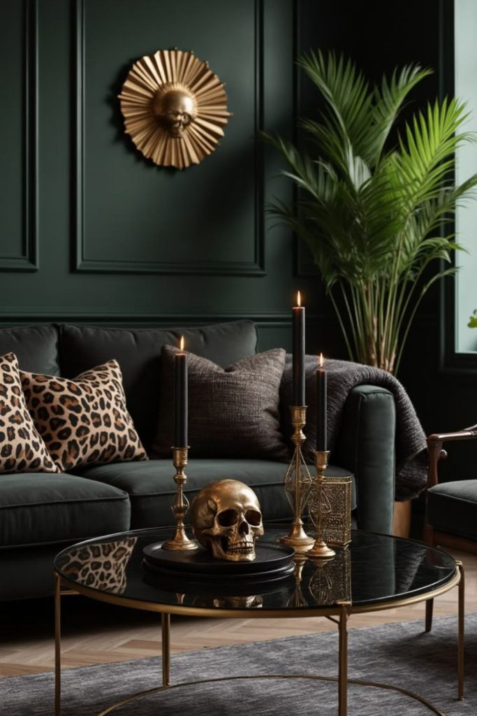Moody midnight cheetah luxury living room.