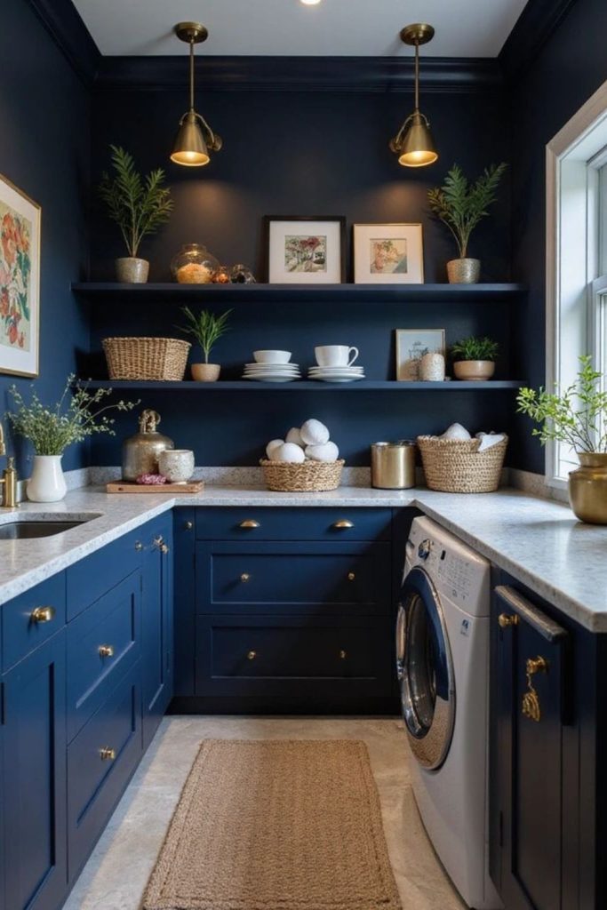 Navy blue laundry room cabinets.