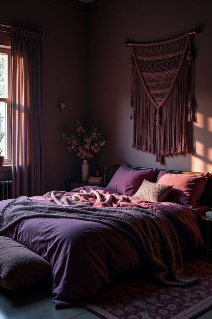 Moody plum autumn bedroom interior.
