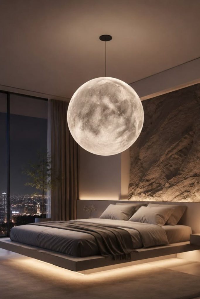 Moon-inspired orb pendant glowing above bed.
