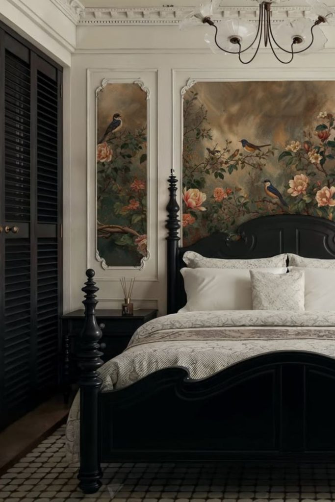 Black bedroom with silver moonlit accents.