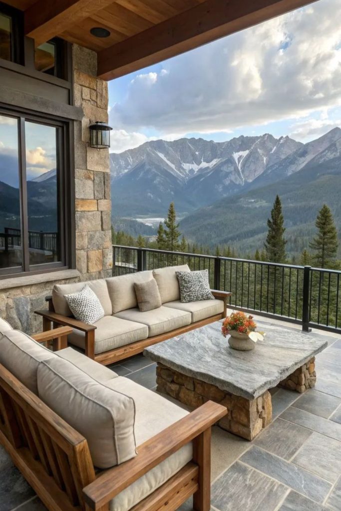 Mountain lodge covered porch with fireplace.