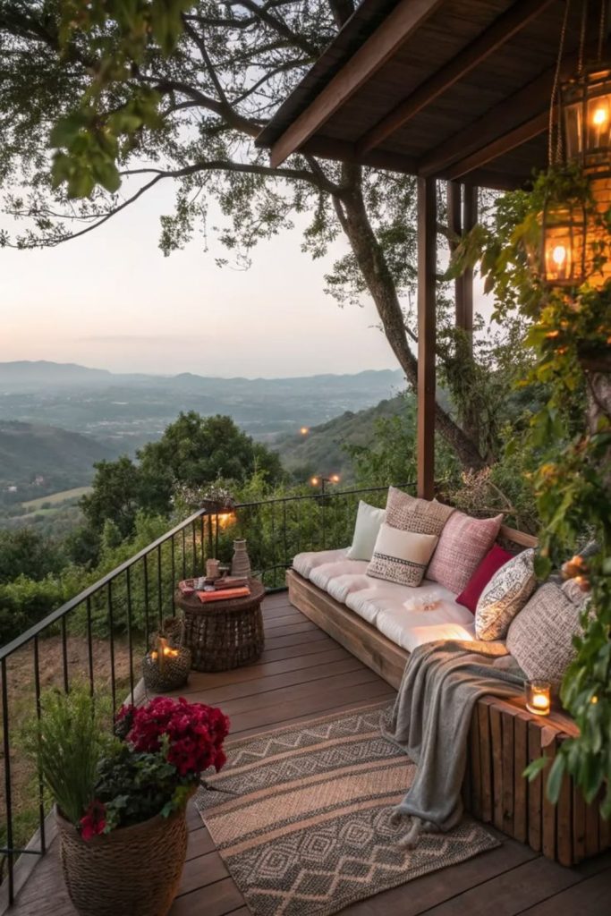Mountain-view bedroom balcony with timber furniture.