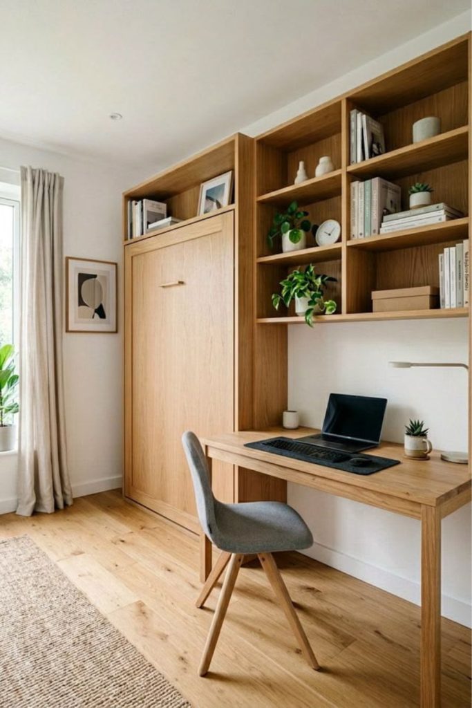 Murphy desk hidden inside wall cabinet.