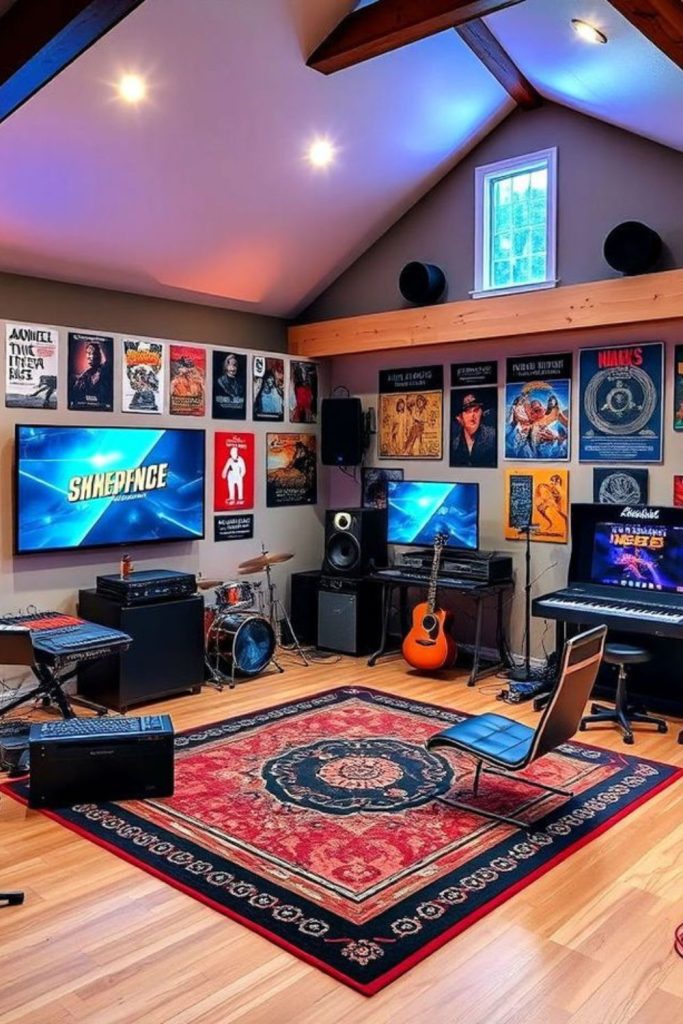 Music-inspired gaming desk setup.