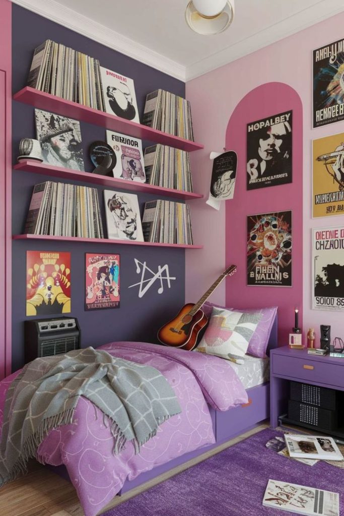 Music lover themed stylish teen bedroom.