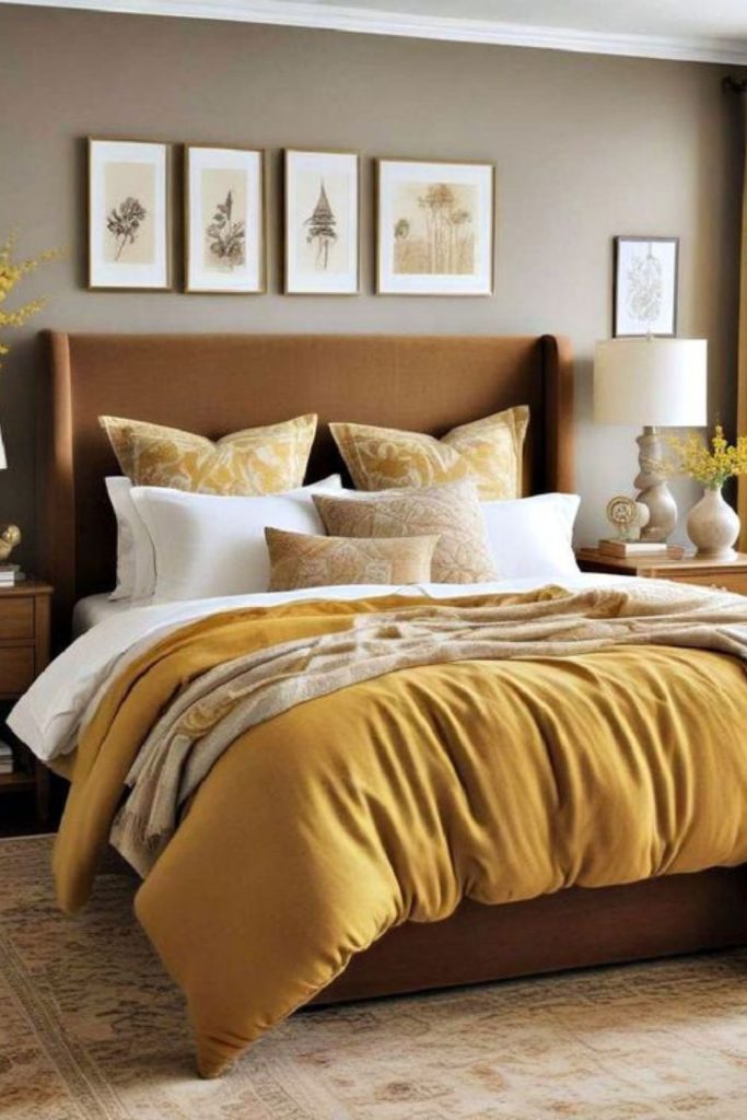 Neutral bedding with mustard accent pillows.