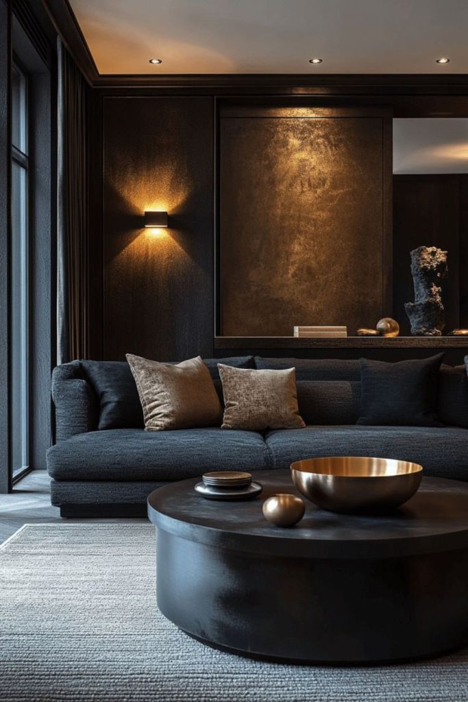 Taupe room with curved modern furniture.