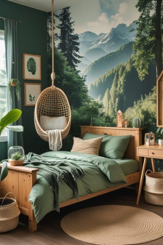 Nature inspired green peaceful teen bedroom.