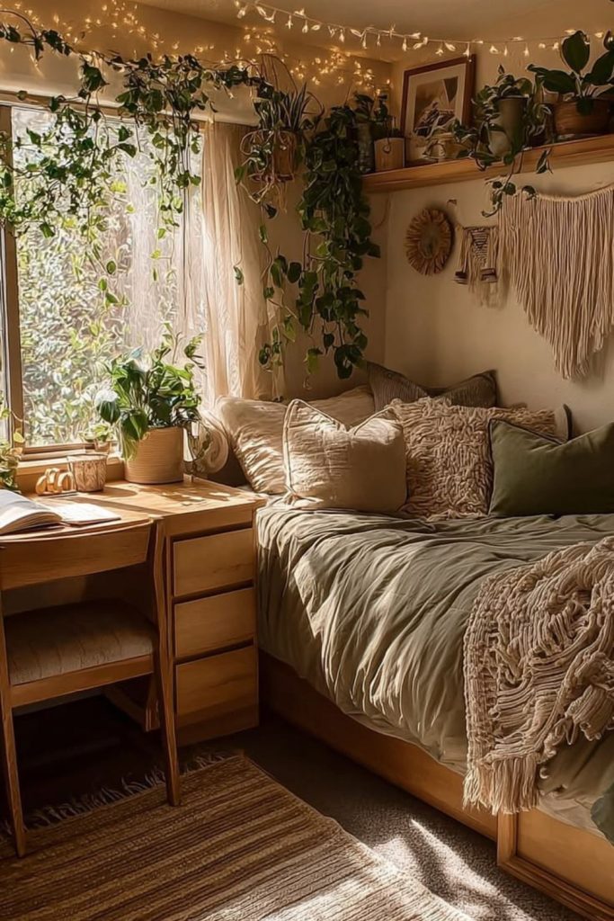 Nature-inspired lofted bed dorm room.
