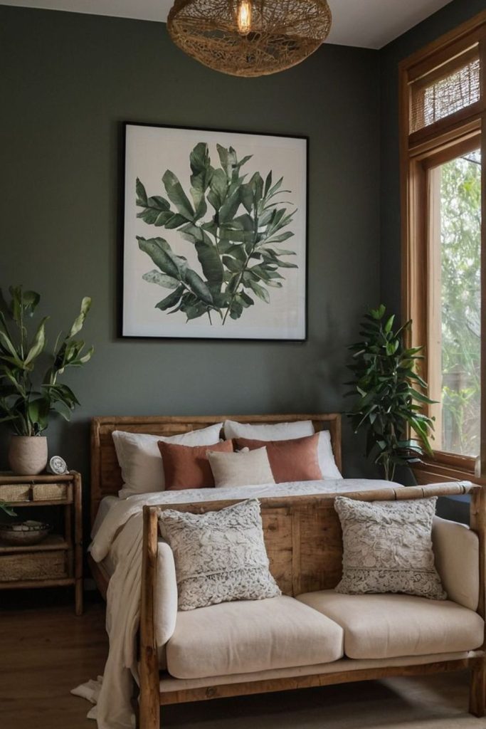 Wooden furniture surrounded by lush greenery.