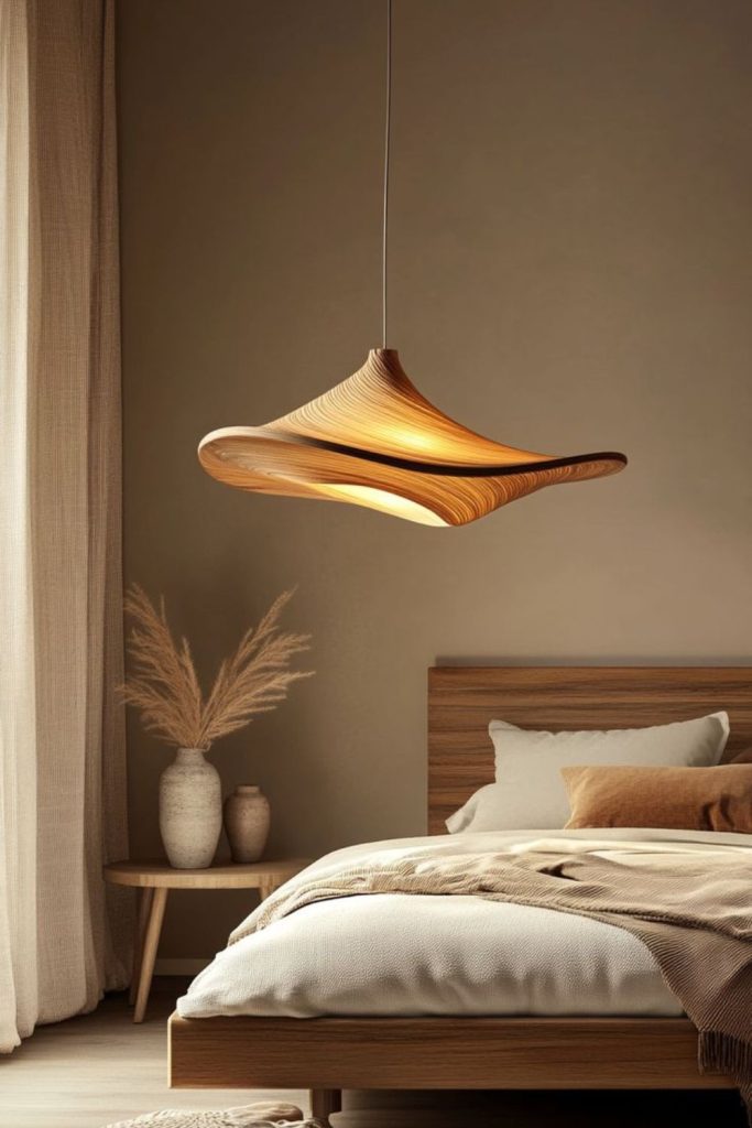 Natural wooden ceiling light with warmth.