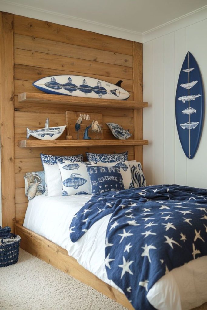 Navy coastal boys dorm room design.