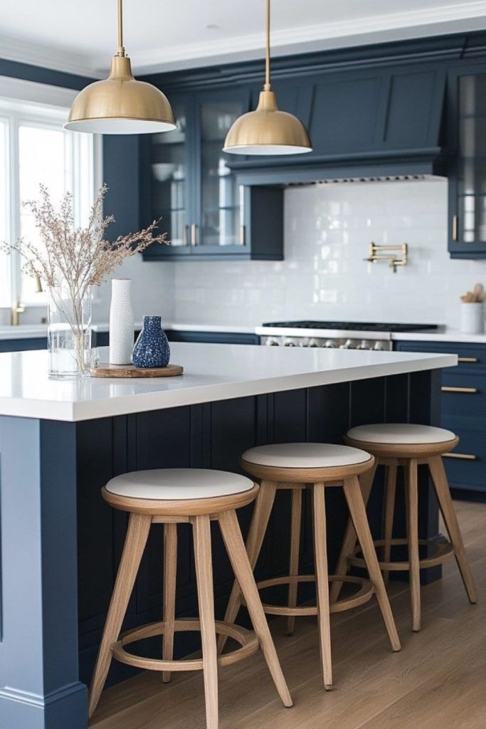 Navy coastal kitchen island with brass.