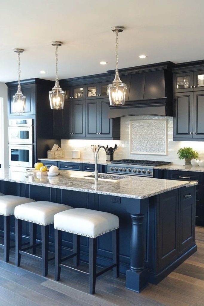 Navy kitchen island with white sink.