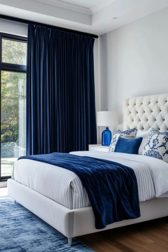 Navy velvet curtains with roller blinds.