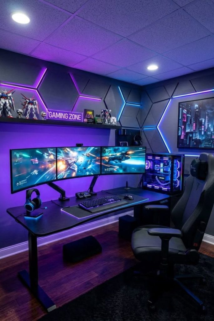 Vibrant RGB futuristic gaming desk setup.