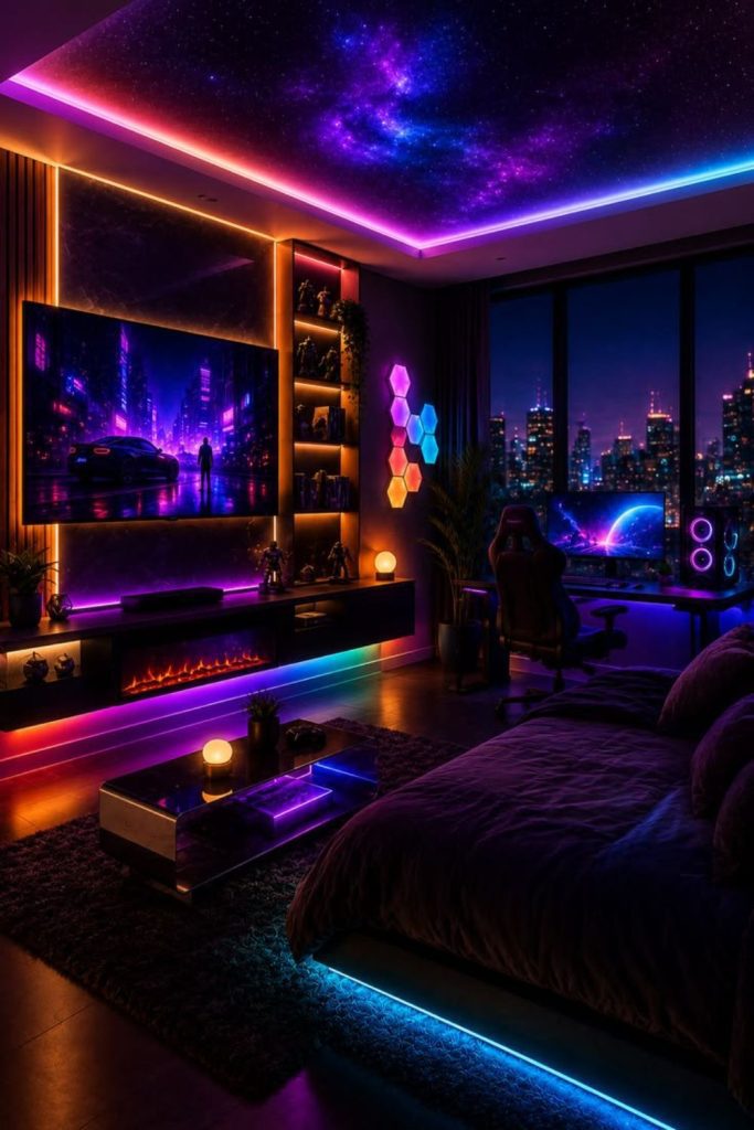 Neon gaming room with LED lights.