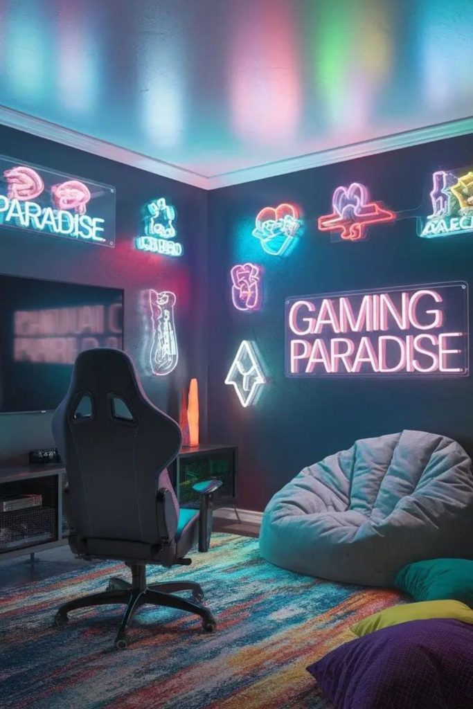 Neon gaming bedroom with LED lights.