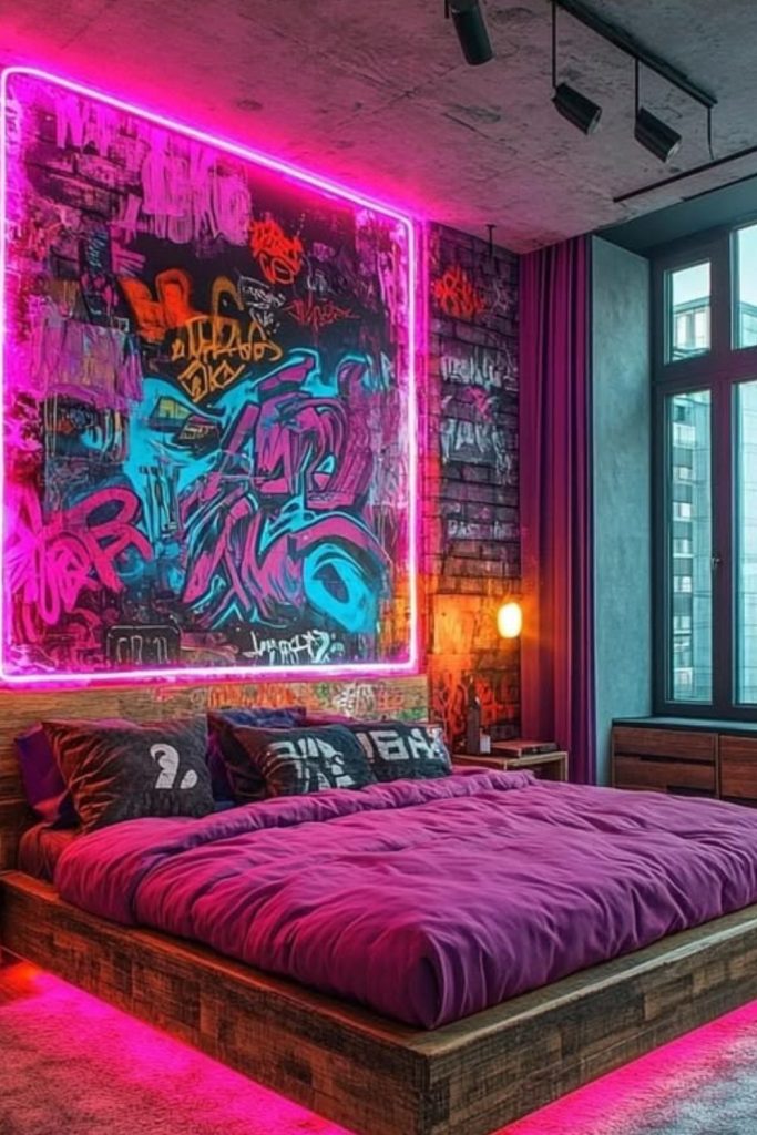 Neon glowing millennium inspired bedroom.
