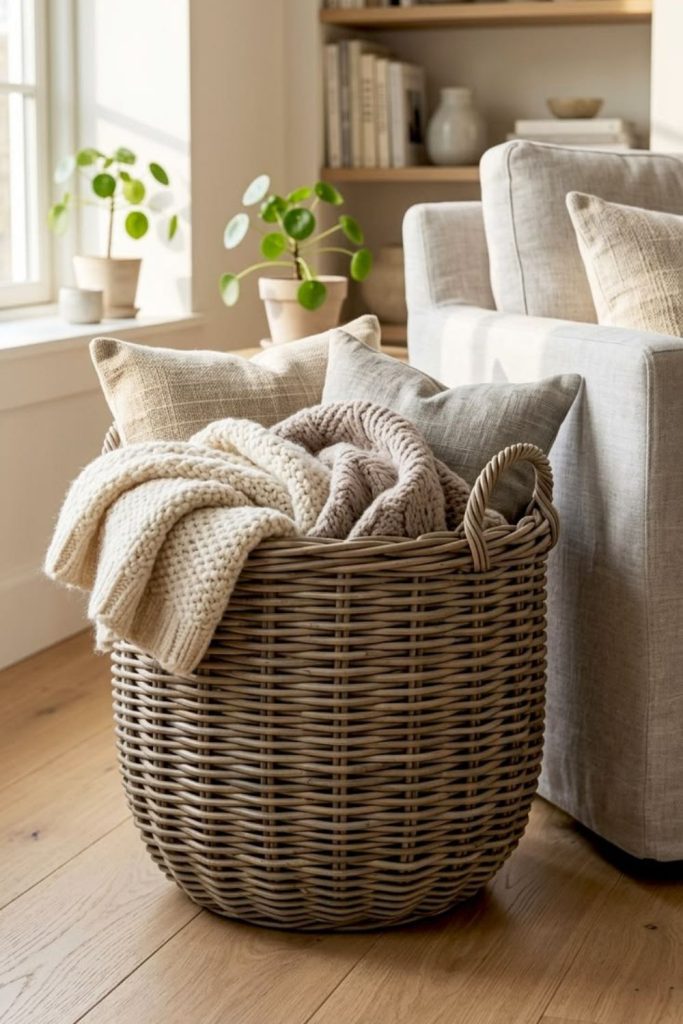 Woven basket filled with soft throws.