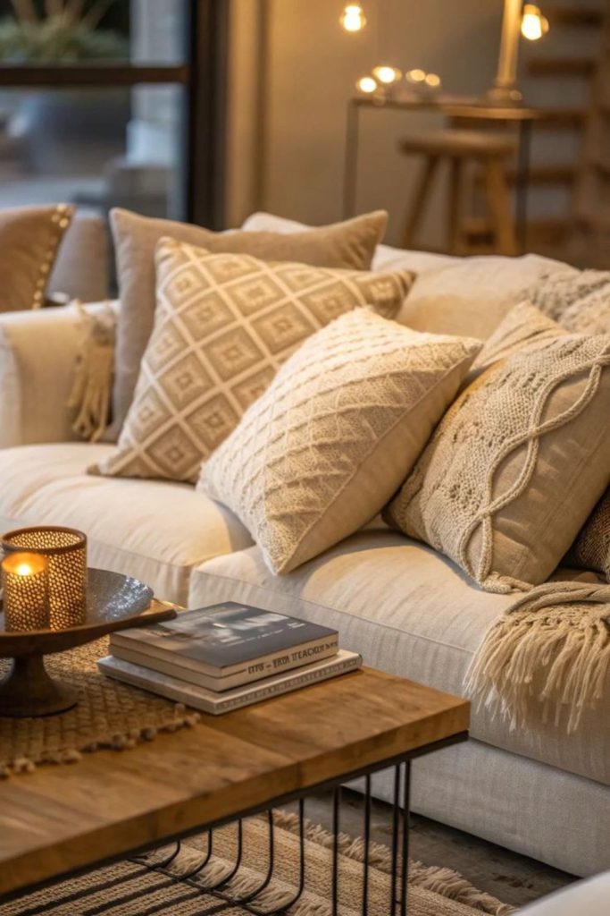 Neutral cushions layered on comfortable sofa.
