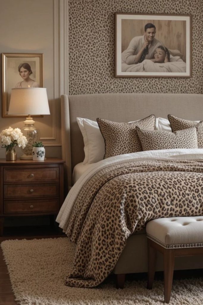 Neutral leopard bedroom with linen bedding.