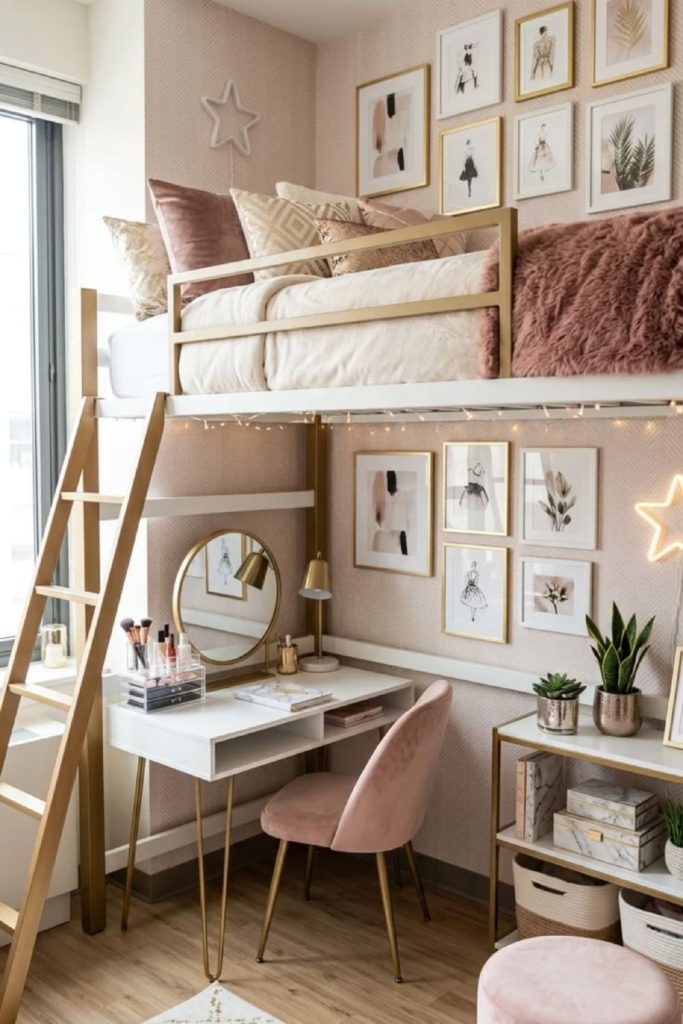 Neutral luxury lofted dorm room.