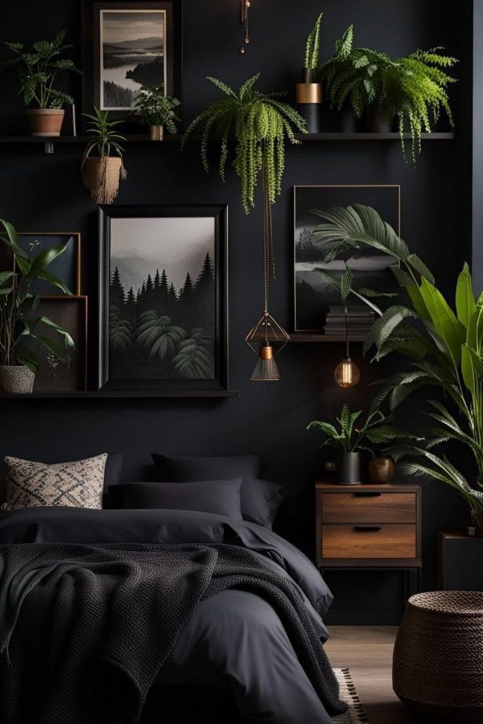 Artistic black bedroom with botanical gallery.