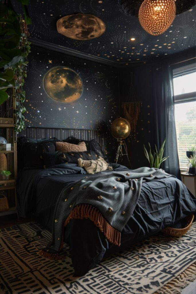 Dreamy black moon garden bedroom interior.
