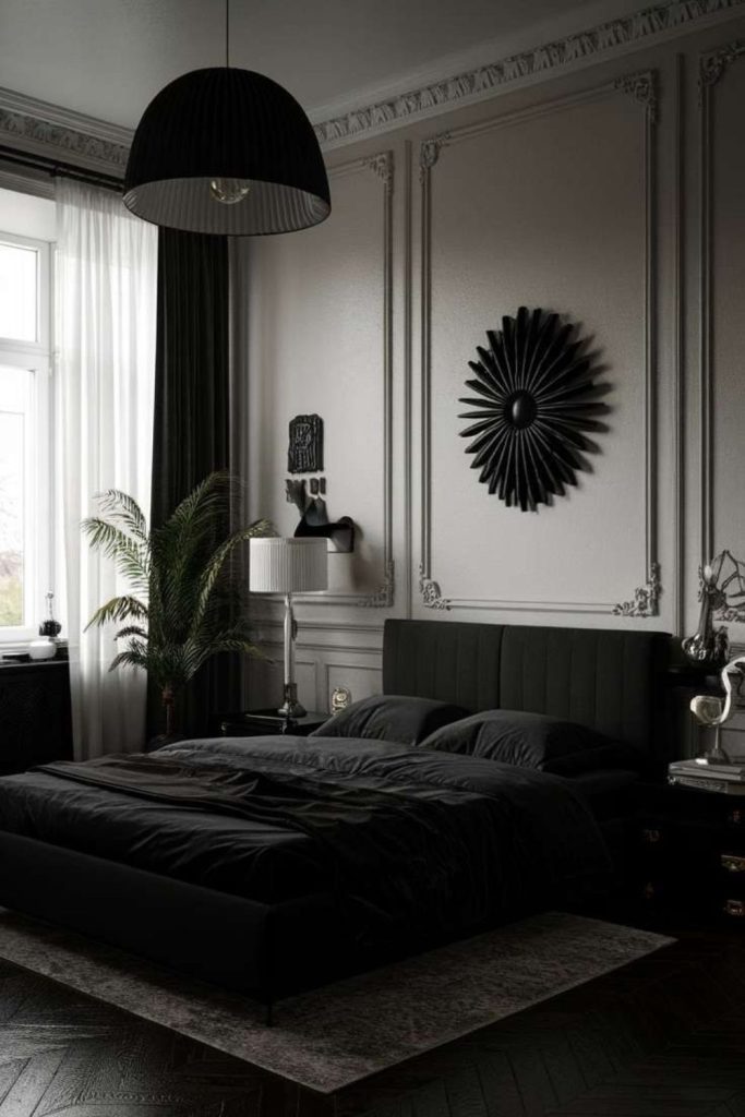 Luxurious black velvet Nouveau bedroom chamber.