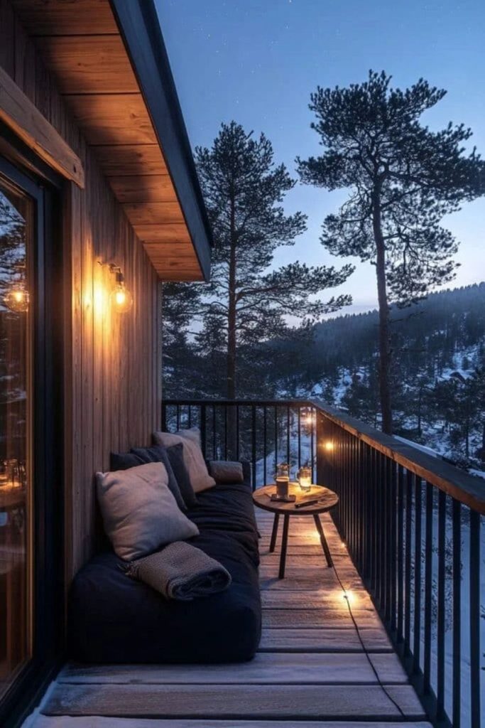 Nordic forest balcony with evergreen planters.