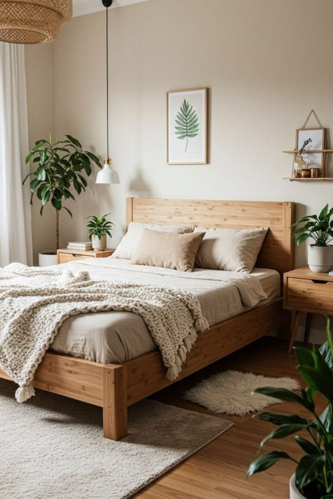 Bright Nordic bedroom with wood furniture.