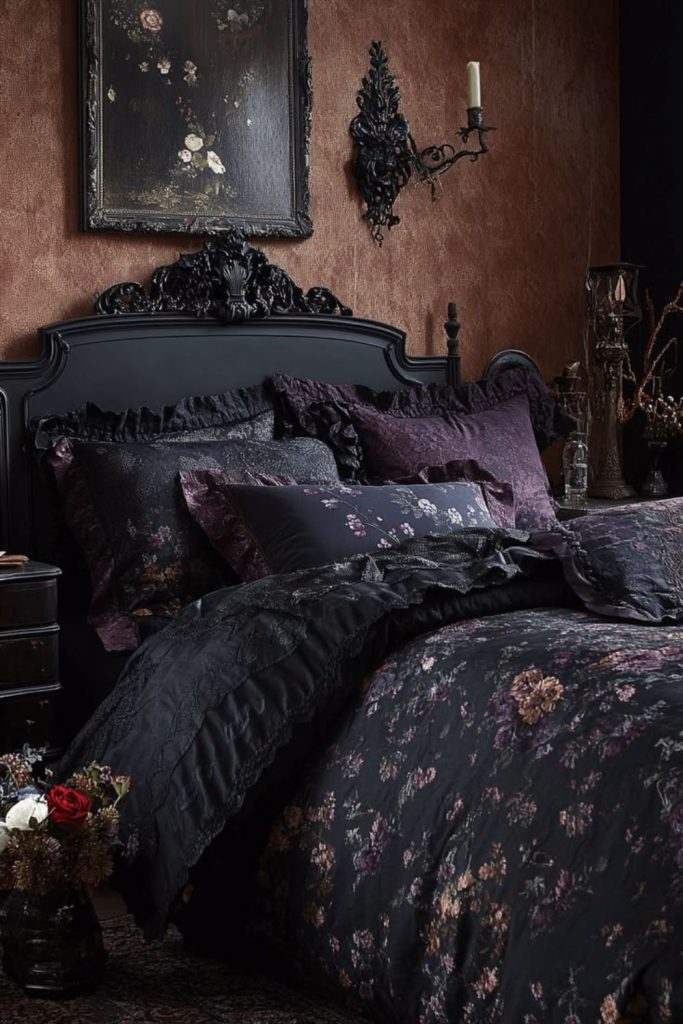 Obsidian bedroom with botanical floral decor.