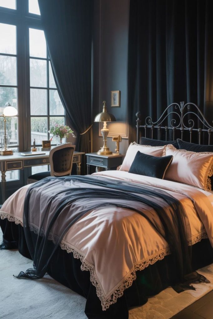 Sophisticated Parisian black bedroom retreat design.
