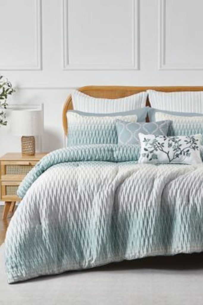 Ocean mist blue coastal bedding style.