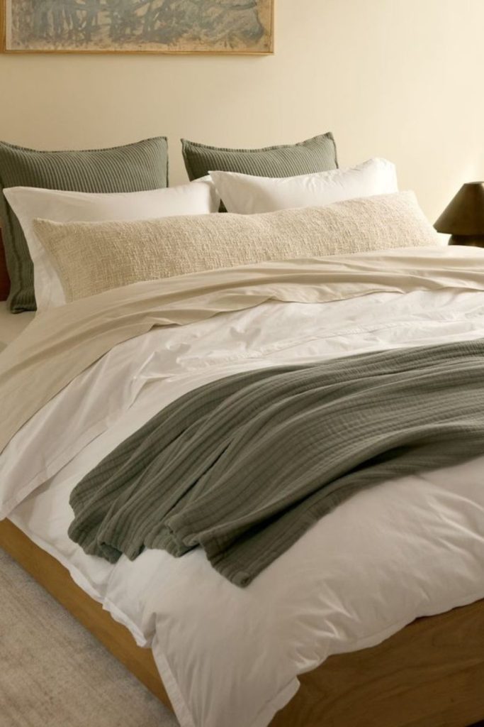 Olive green and cream bedding