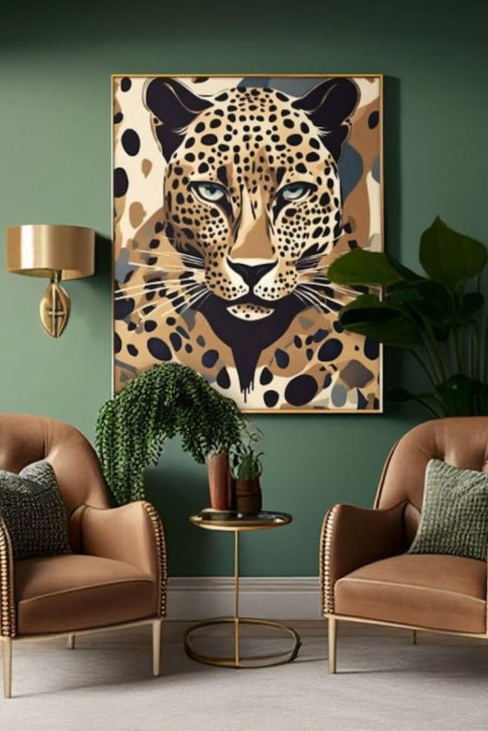 Olive green cheetah nature living room.