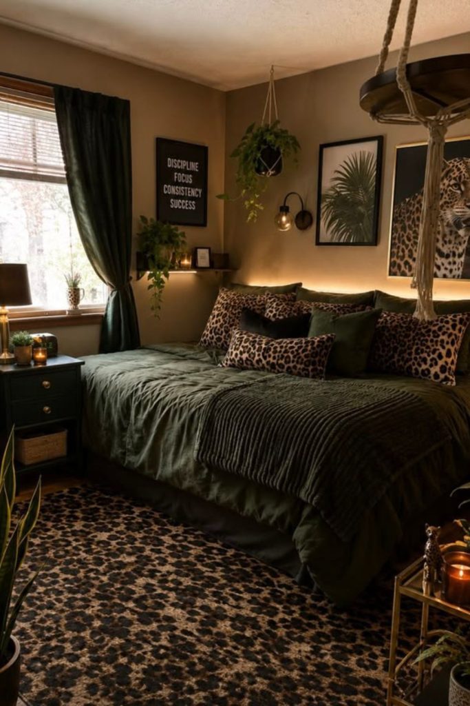 Olive green leopard nature bedroom.