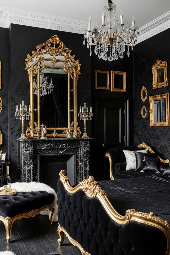 Modern onyx black Art Nouveau bedroom.