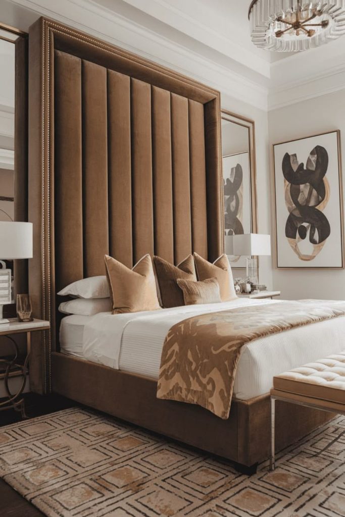 Oversized wingback upholstered luxury bed.