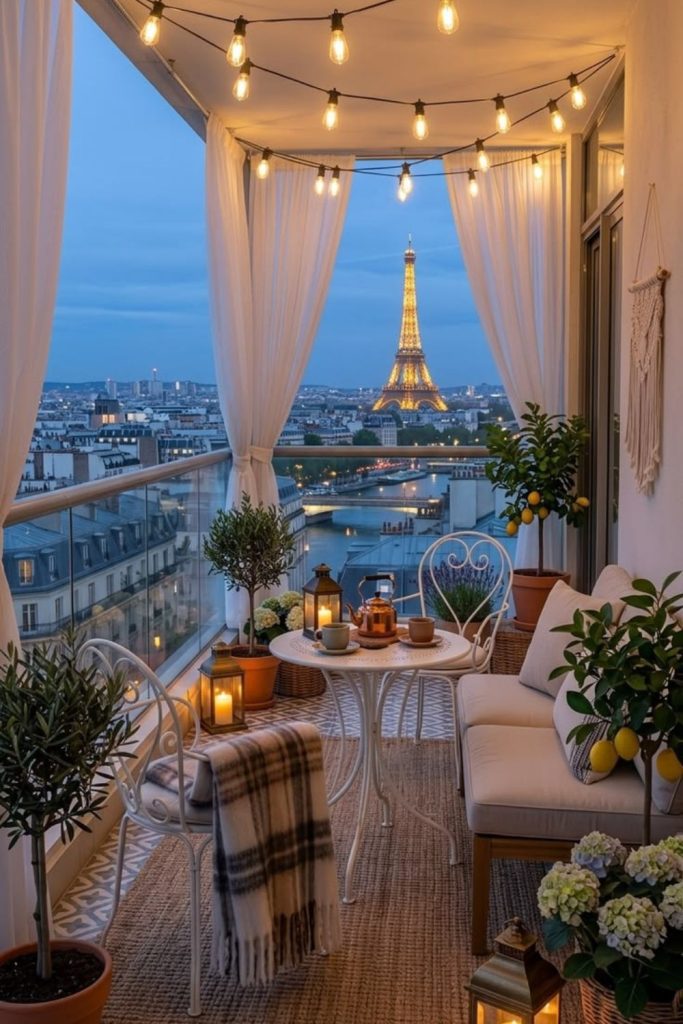 Parisian bedroom balcony with iron railings.