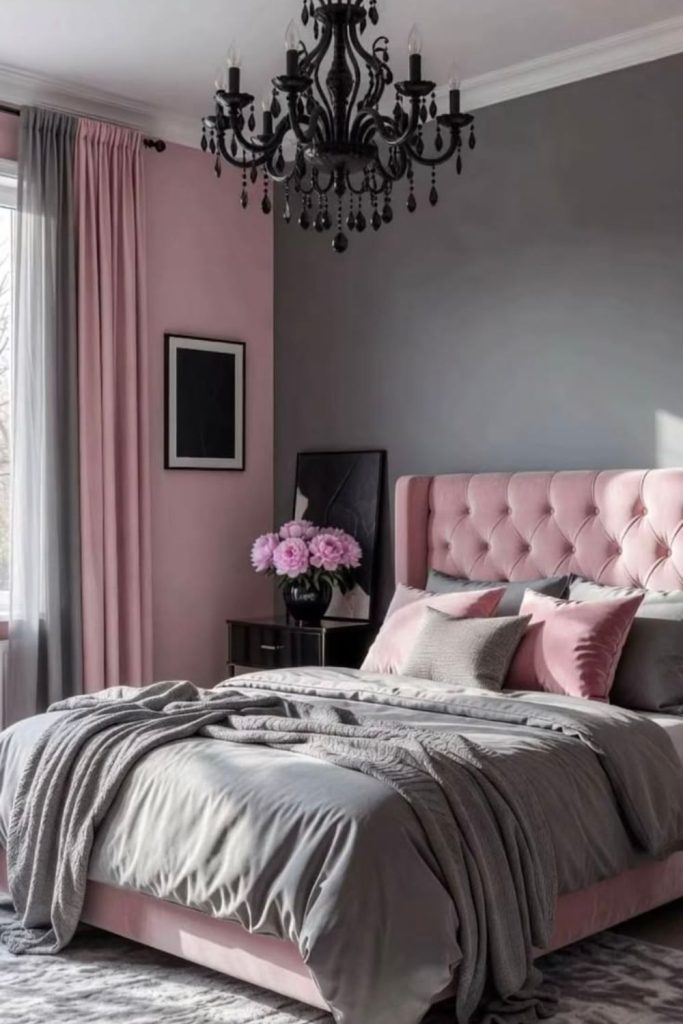 Parisian pink and grey bedroom design.