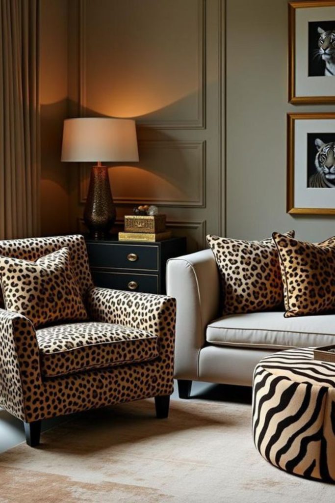 Parisian cheetah elegant living room interior.
