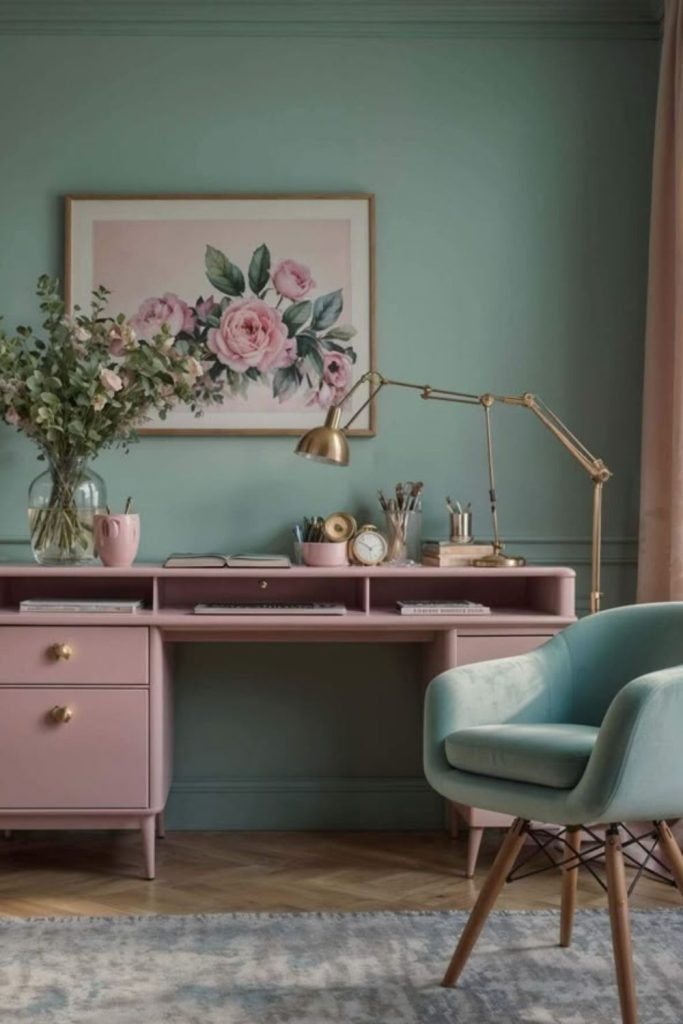 Pastel creative bedroom desk with decor.