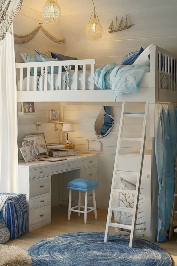 Pastel dream lofted dorm bedroom.